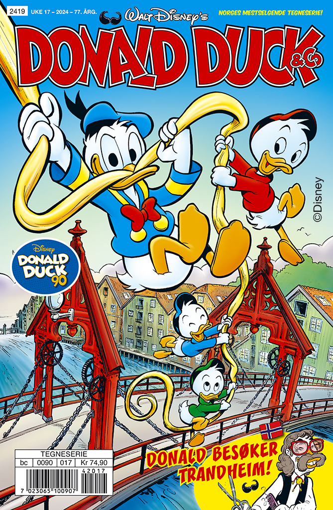 Donald duck og venner driver med humoristiske kapringer på en bro i et fargerikt, tegneserieaktig bybilde.