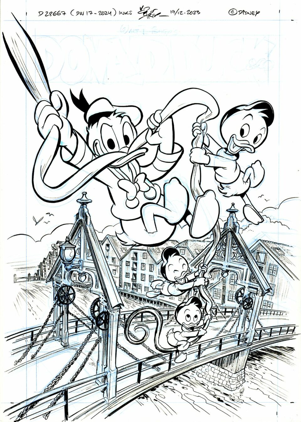 Svart-hvitt-tegning av disney-karakterene Mikke, Donald og klønete som lekende glir ned tauene over en bro, med Mikke som leder og klønete følger bak.