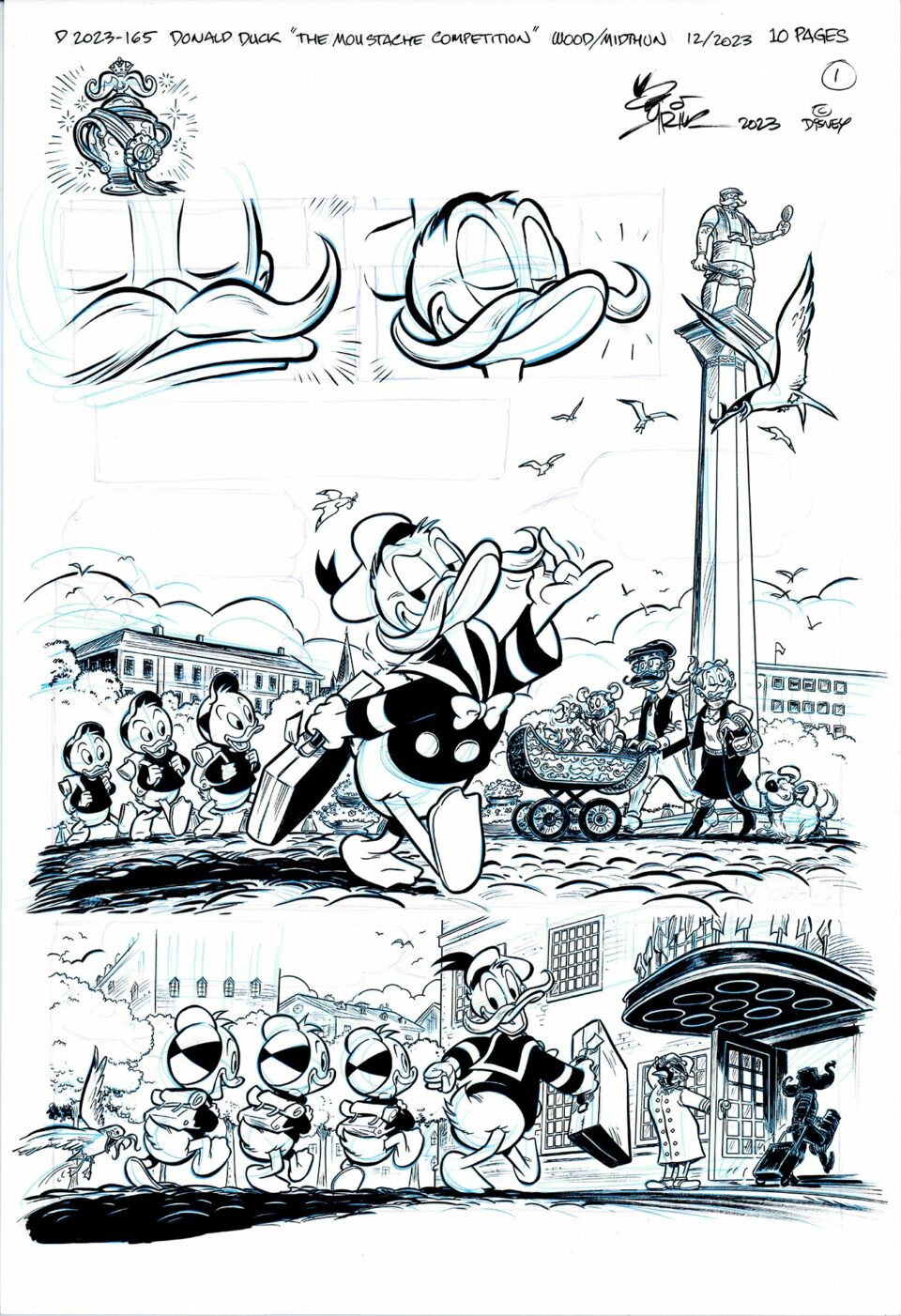Tegneserieside med Donald Duck og andre karakterer i forskjellige scener, inkludert en bartekonkurranse og avduking av en statue.