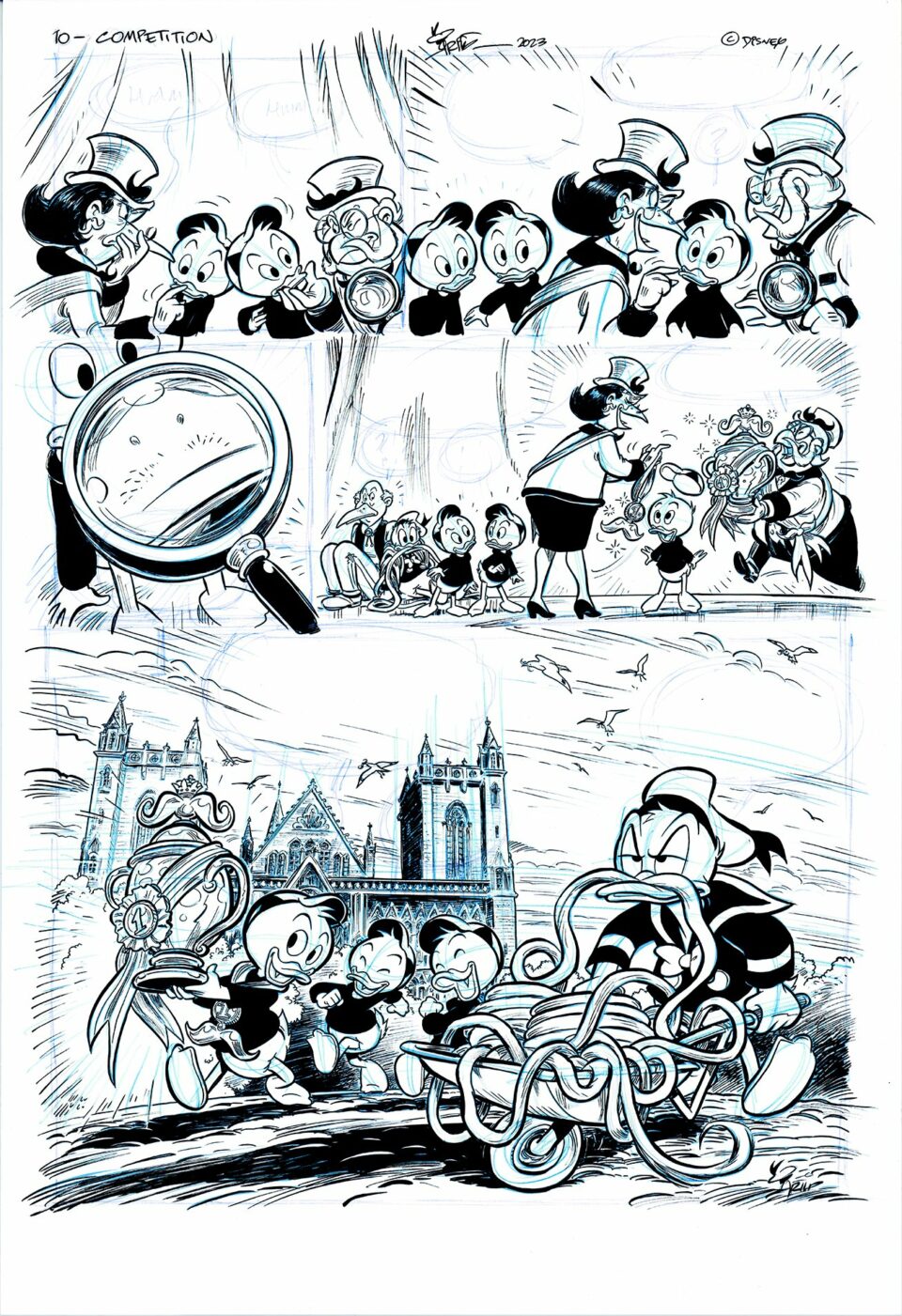 Svart-hvitt tegneserieside med Mikke Mus og venner i forskjellige humoristiske situasjoner, inkludert en forstørrelsesglassscene og en sykkelkneppel.