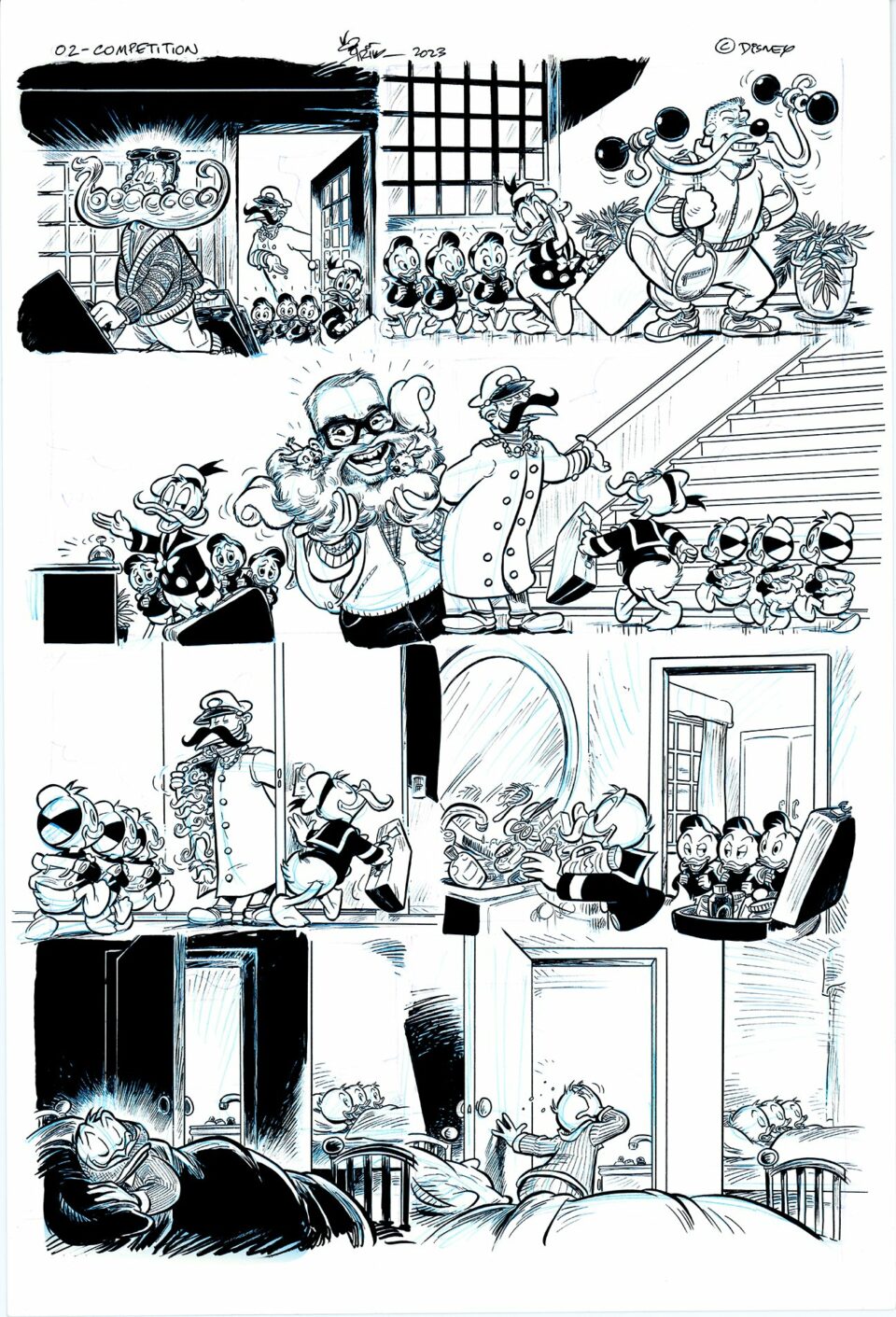 Tegneserie med ulike paneler med lekne scener av antropomorfe hundekarakterer i hjemmet og utendørs, illustrert i svart-hvitt.