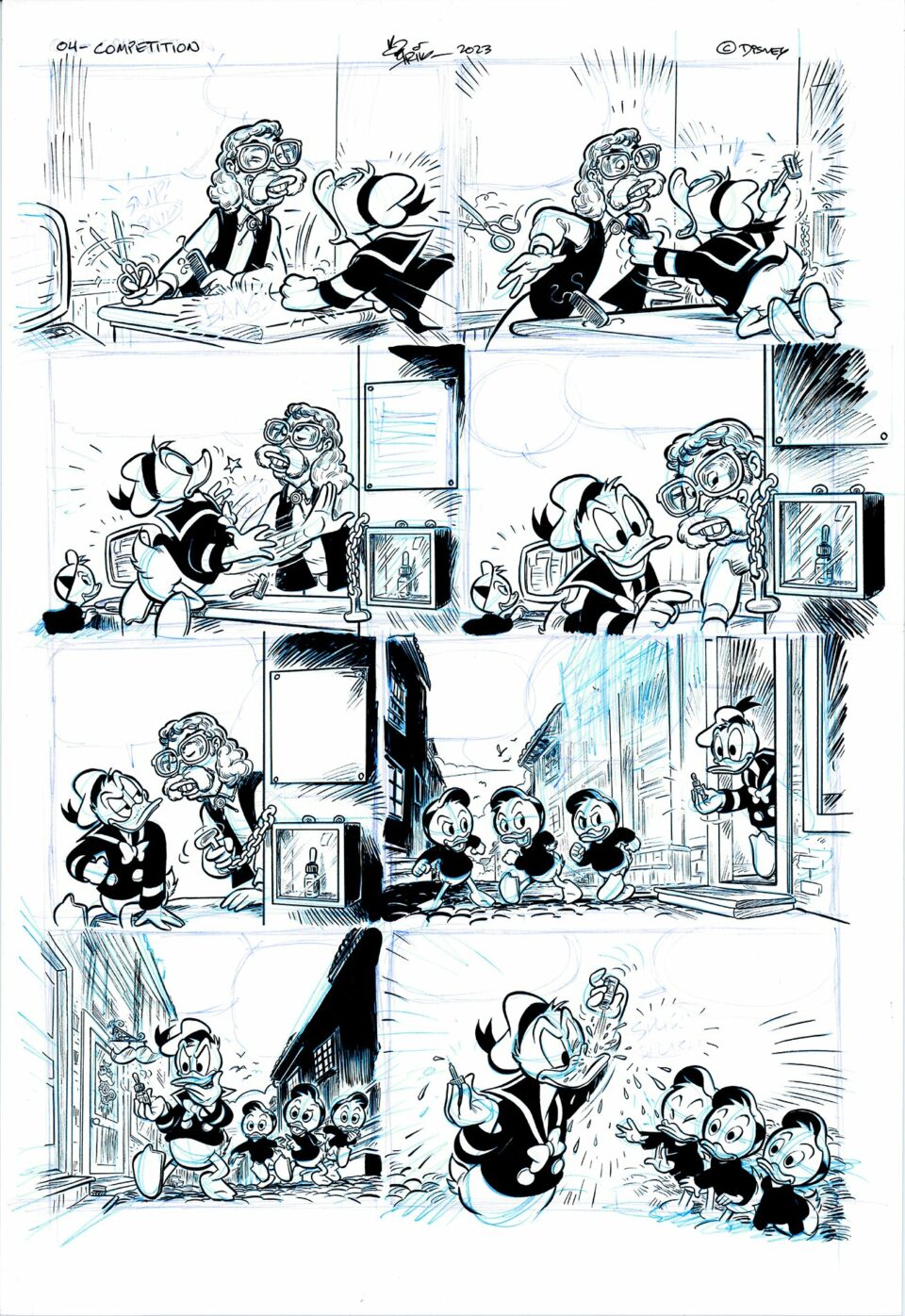 Tegneserie som viser Mikke Mus i forskjellige scener, inkludert matlaging, maling og å ta bilder med venner. svart-hvitt, detaljerte illustrasjoner.