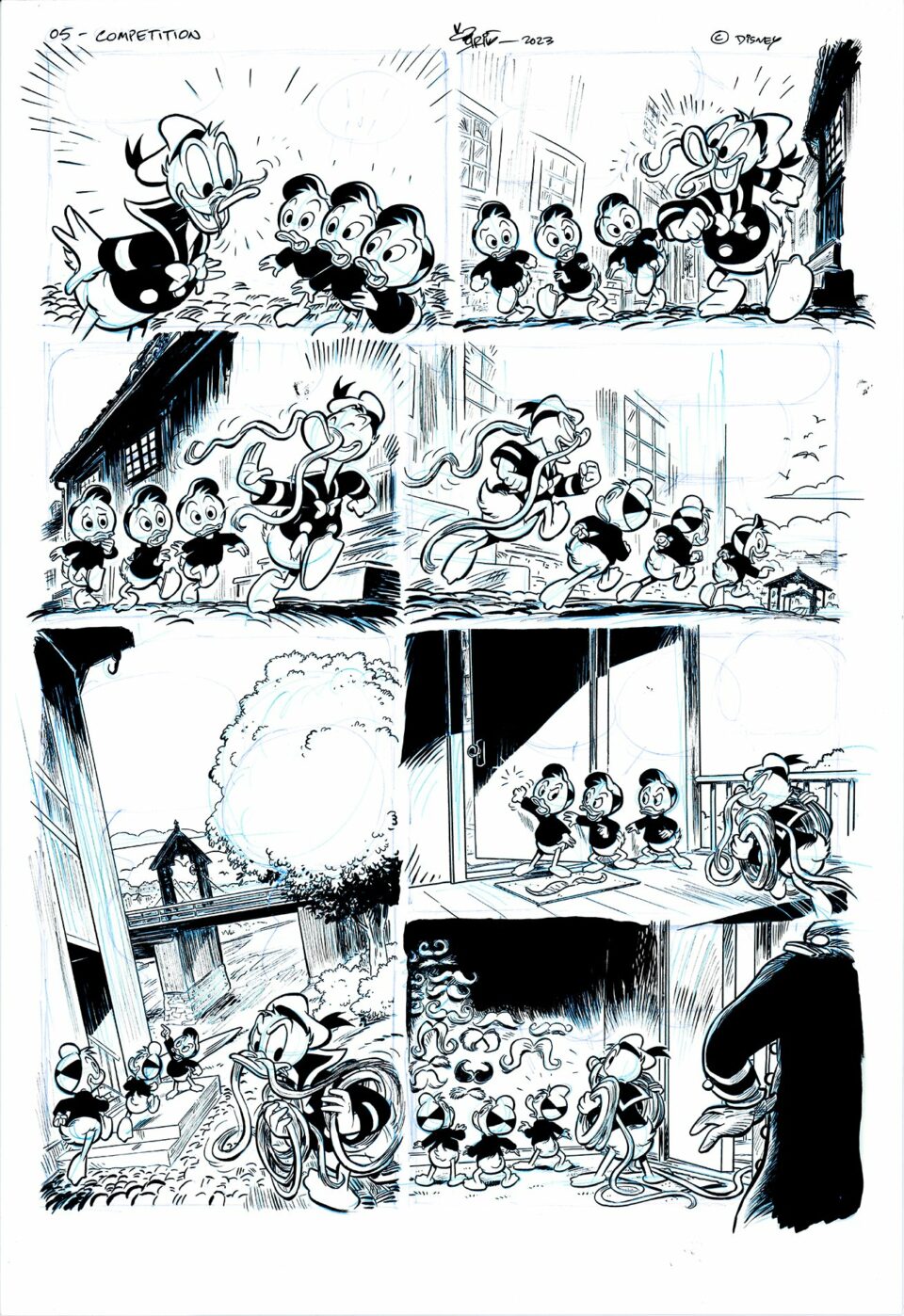 Tegneserieside med svart-hvitt-illustrasjoner av Mikke Mus og venner i ulike paneler som viser humoristiske interaksjoner og uttrykk.