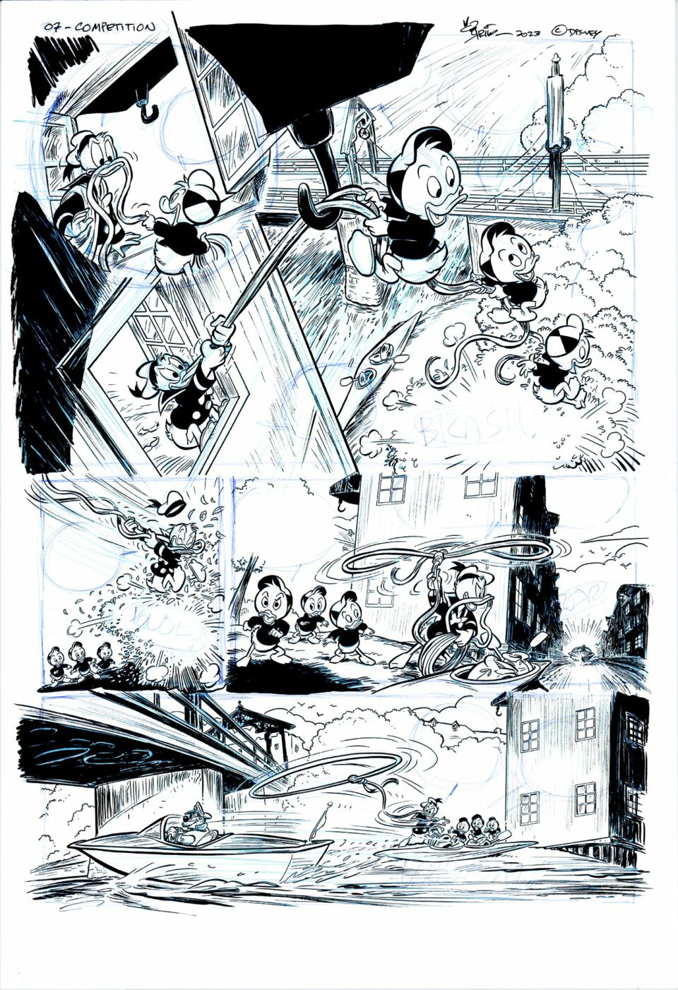 Tegneserieside med mickey mouse i forskjellige paneler, som viser dynamiske handlinger som å henge fra en paraply, kjøre bil og samhandle med andre karakterer i lunefulle omgivelser.