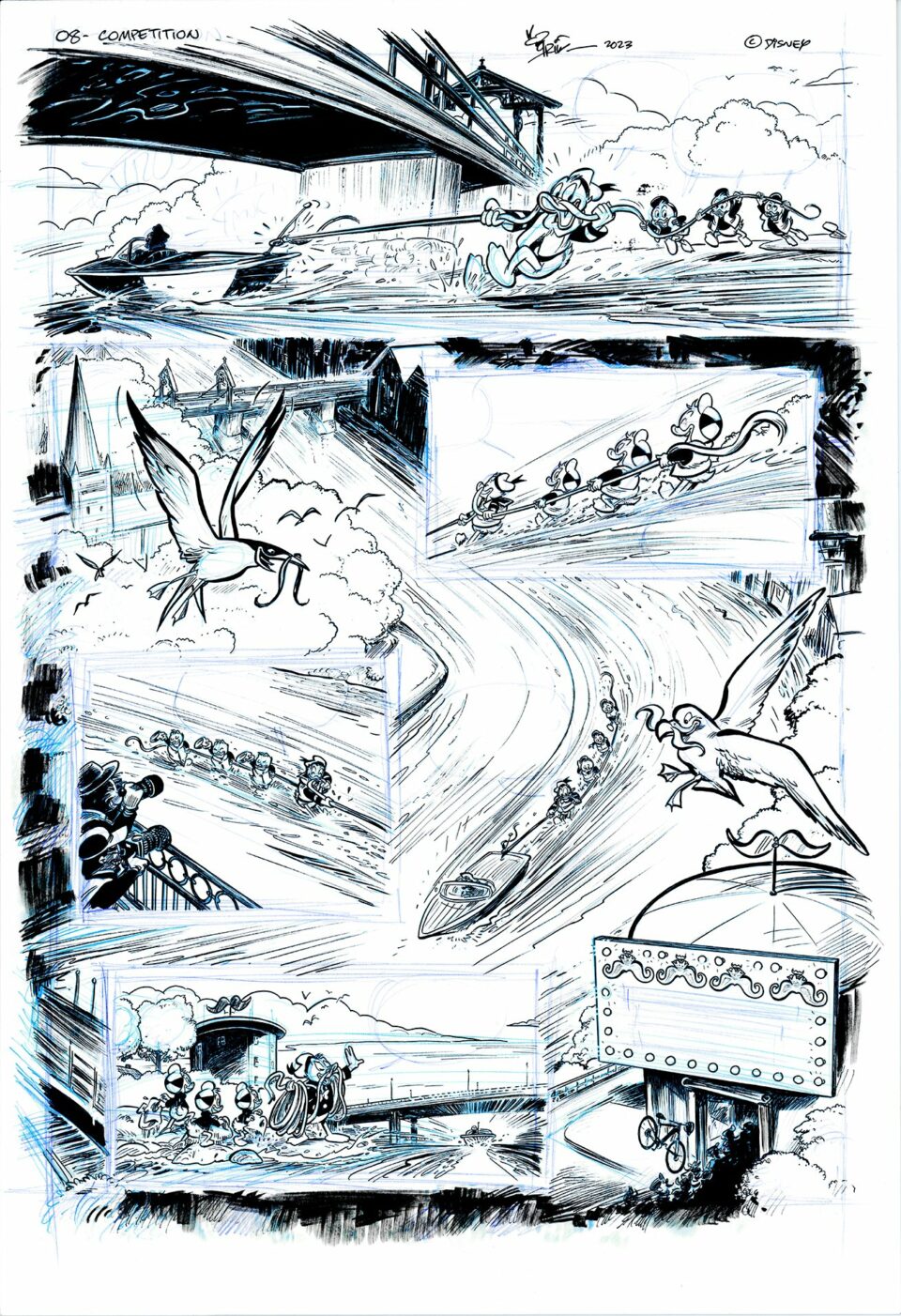 Tegneserieside som viser et dynamisk løp med karakterer i høyhastighetsbevegelse, flygende maskiner og en fugl som sveiper over en bro og en veibane.