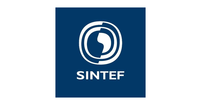 Logo av sintef, med en abstrakt sirkulær design med en menneskelig silhuett i hvitt på en marineblå bakgrunn.