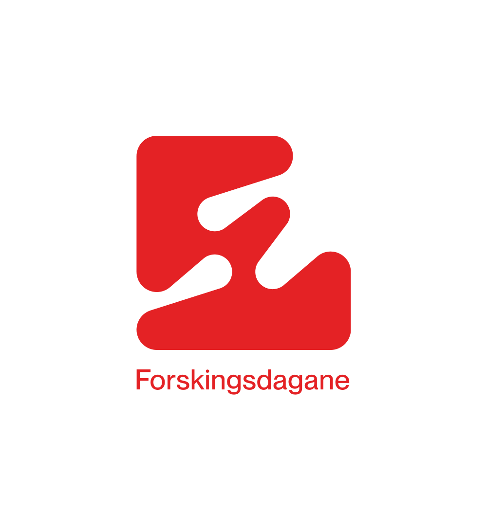 Rød abstrakt logo med teksten "Forskingsdagane" under på svart bakgrunn.